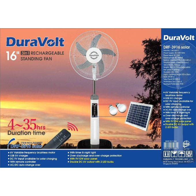 Duravolt 16 Inches -3 In 1 Rechargeable Fan +Solar Panel + 2-Bulbs