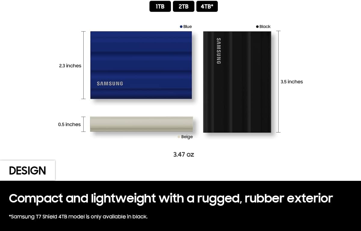 SAMSUNG T7 Shield 4TB Portable SSD - 1050MB/s, Rugged, Water & Dust Resistant, for Content Creators - Black