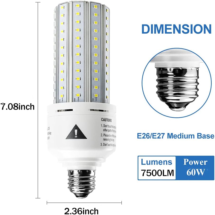 ZP 2 Pack Led Light Bulb 500W Equivalent 7500 Lumen 5000K E26/E27 Medium Base 60W led Bulb for Outdoor Indoor Lamp Area Garage Warehouse Workshop Street...