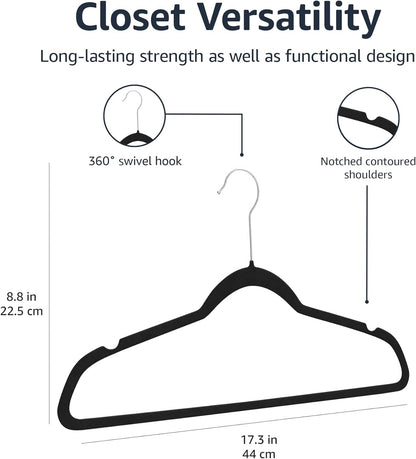 Slim, Velvet, Non-Slip Suit Clothes Hangers, Pack of 50, Black