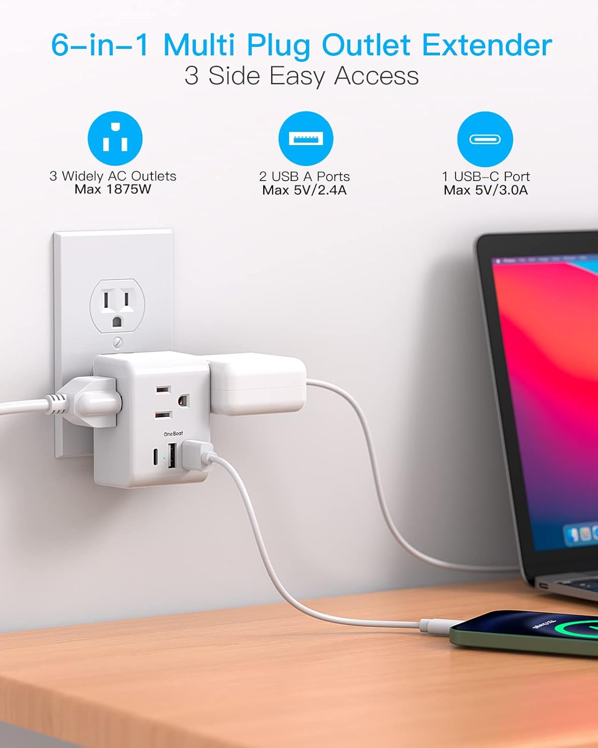 Multi Plug Outlet Extender, Power Strip Non Surge Protector Electric Outlet Splitter with 3 USB Wall Charger (1 USB C), Multiple Outlet Expander for Cruise,...