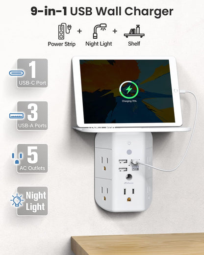 Wall Outlet Extender with Shelf and Night Light,Surge Protector,USB Wall Charger with 5 AC Outlets and 3 USB Ports 1 USB C Outlet Wide Space 3-Sided Power...