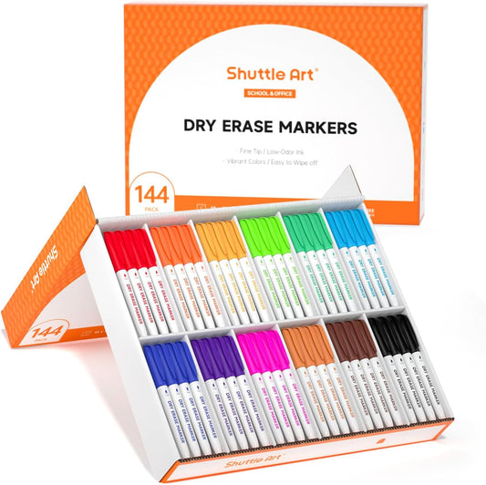 Shuttle Art Dry Erase Markers, 12 Colors 144 Bulk Pack Whiteboard Markers, Fine Point Dry Erase Markers Perfect for Writing on Dry Erase Whiteboard Mirror Glass for School Office Home