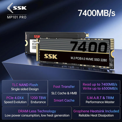 SSK M.2 NVMe SSD 2TB, PCIe Gen 4.0 x4 M.2 2280 SSD Up to 7400MB/s, NVMe 2.0 SSD Card Internal Gaming SSD Solid State Drives Support DRAM-Less Low Power Consumption, Trim, Graphene Heatsink Included