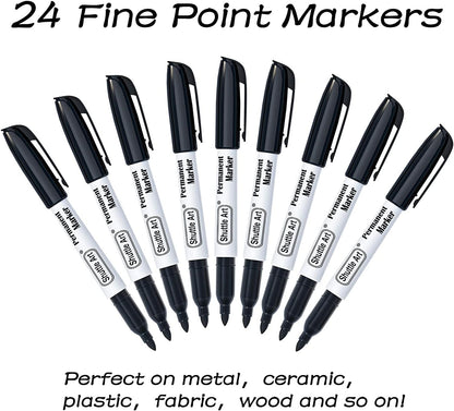 Shuttle Art Permanent Markers, 24 Pack Black Permanent Marker set,Fine Point, Works on Plastic,Wood,Stone,Metal and Glass for Doodling, Marking