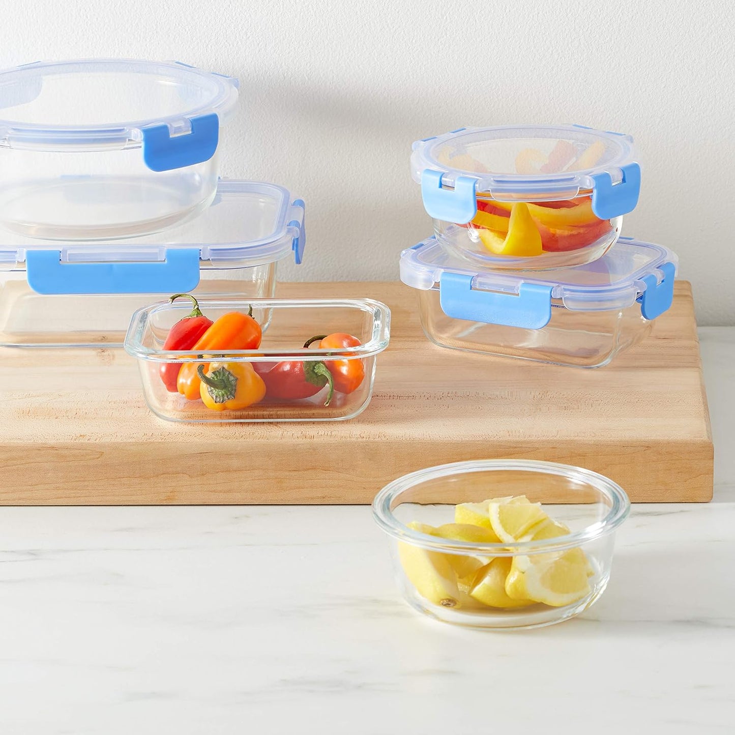 Glass Food Storage Containers with BPA-Free Locking Lids - Set of 14 Pieces, Clear with Blue Silicone Seals, Microwave and Freezer Safe, Dishwasher Safe, Durable and Easy to Clean