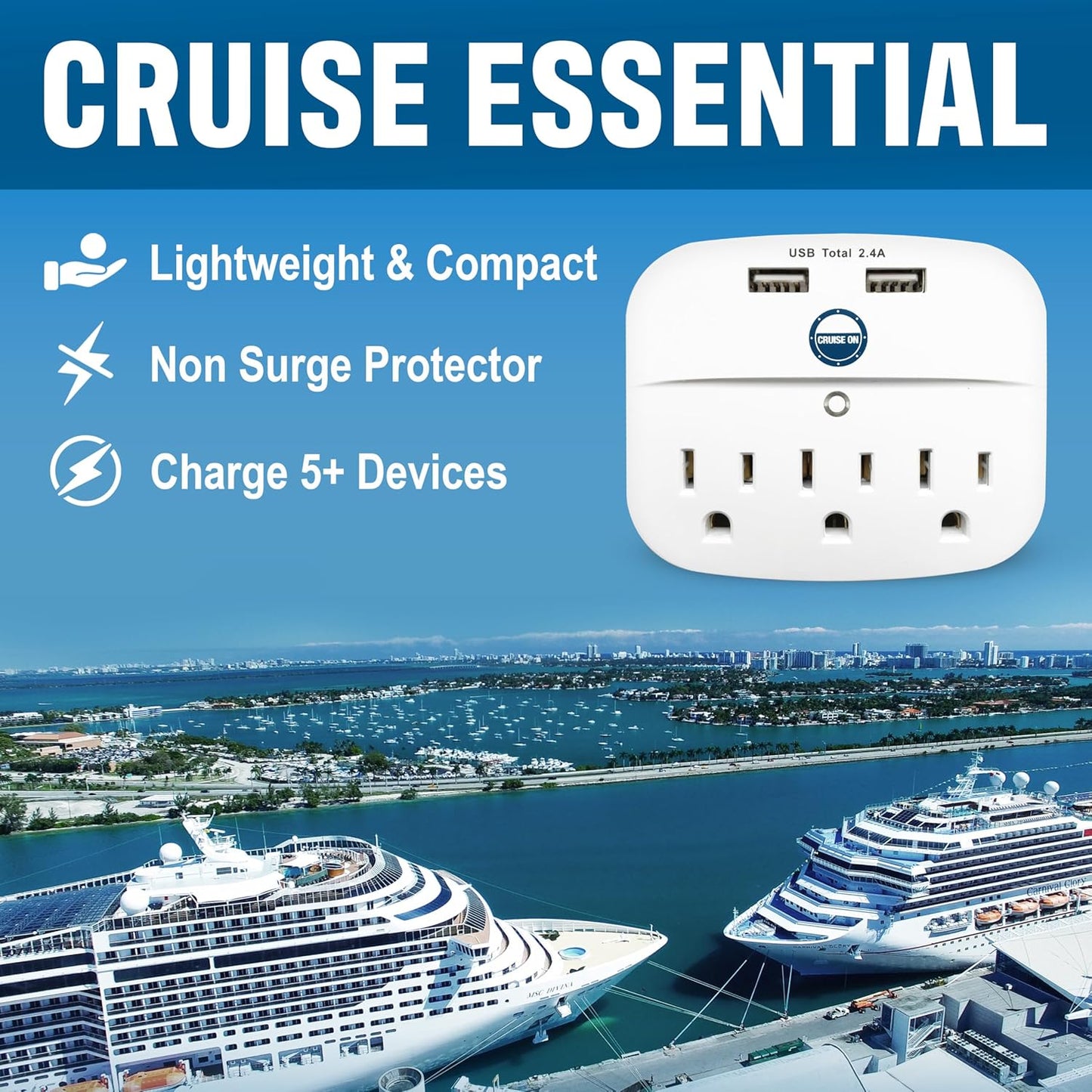 Cruise Approved Power Strip - Non Surge Protector for Cruise Ship with 2 USB Outlets - Cruise Ship Essentials 2024 for Carnival, Princess, Norwegian, Holland America, MSC & Major Cruise Lines (White)